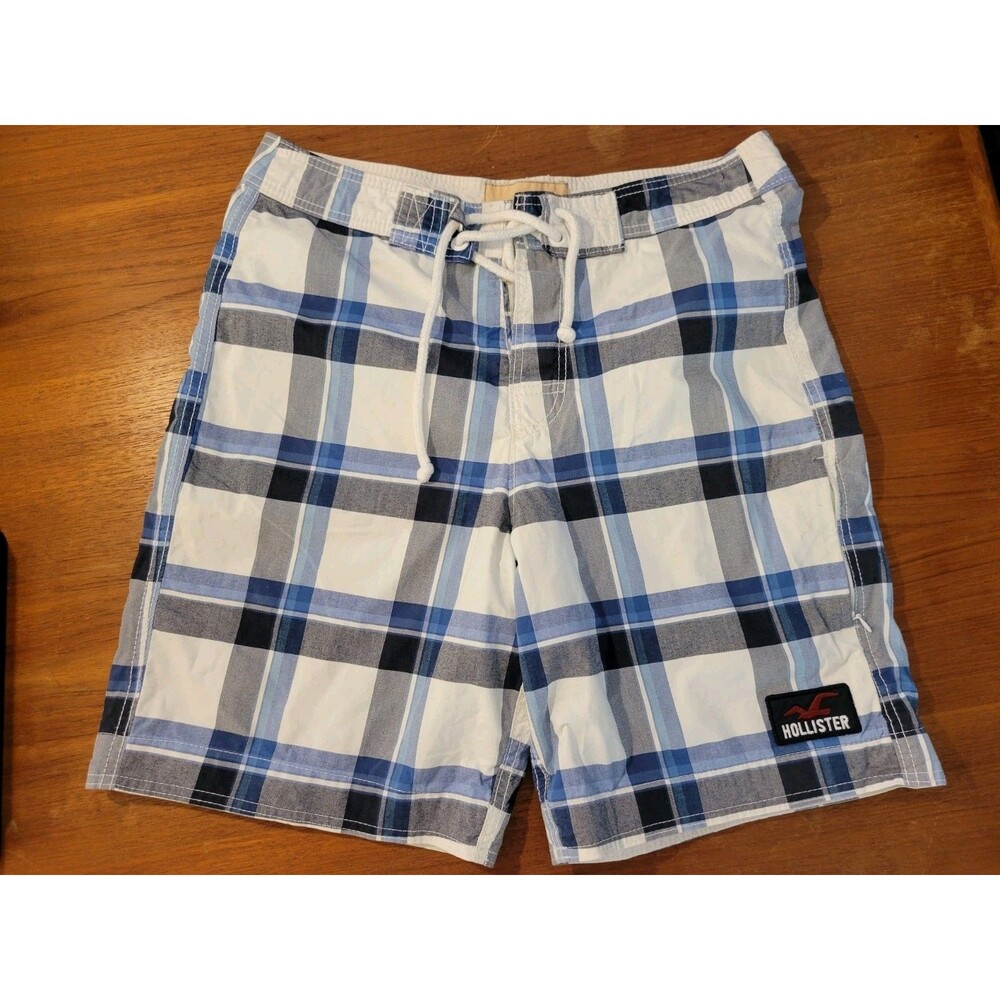 Hollister Swim Shorts Mens Med Blue Plaid Board Trunks Mesh Lined Drawstring